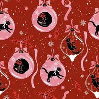 Christmas seamless pattern with Christmas balls and black cats. Vector graphics.