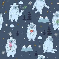 Seamless pattern with cute winter yetis. Vector graphics.