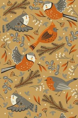 Seamless pattern with winter birds and floral elements. Vector graphics