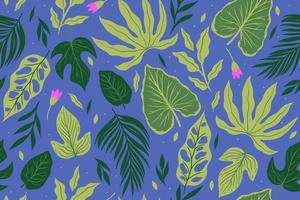 Seamless pattern with tropical leaves and flowers. Vector graphics.