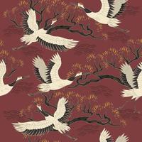 Seamless pattern with cranes birds and trees. Vector graphics