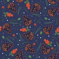 Seamless pattern with pine cones, needles, berries. Vector graphics.