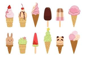 Various types of ice cream isolated on white background. Vector graphics.