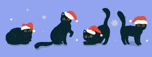 Collection of black cats in red santa hats. Vector graphics.