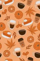 Seamless pattern with autumn leaves, donuts, pumpkins and coffee. Vector graphics.