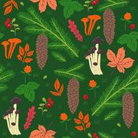 Forest seamless pattern with cones, berries, mushrooms, leaves. Vector graphics.