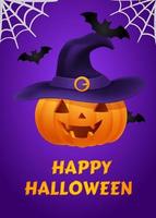Happy Halloween poster for party. Banner or invitation, orange pumpkin jack o lantern with carved smiling face in witch hat. Spiderweb, gossamer and bats flying on purple background. Autumn vector. vector