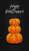 Happy Halloween. Festive background with realistic 3d orange pumpkins with cut funny glowing smile one on the other. Holiday poster, flyer, brochure and template cover. Vector illustration