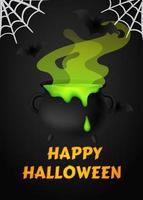 Happy Halloween poster for party. Banner or invitation, withes boiling cauldron with green slime potion. Liquid poison in pot. Spiderweb, gossamer and bats flying on black background. Autumn vector. vector