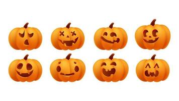 Collection of Halloween cute pumpkins with carved faces silhouettes. Orange yellow 3d emotions. Template with variety of eyes, mouths and noses for cut out jack o lantern. Vector illustration