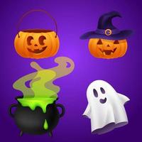 Halloween set of orange pumpkin jack o lantern with carved smiling face in purple witch hat, candy bag, black cauldron with green sticky potion, white ghost spirit or poltergeist. Stickers collection vector