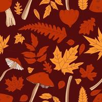 Seamless pattern. Hand drawn line vector various types of mushrooms and autumn leaves oak, maple, birch, foliage orange, yellow and red. Fall leaf illustration. Flat design. Background texture.