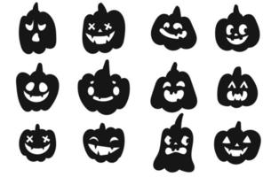 Collection of Halloween cute pumpkins carved faces. Black and white silhouette. Template with variety of eyes, mouths and noses for cut out jack o lantern. Vector illustration