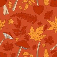 patrón sin costuras vector de línea dibujada a mano varios tipos de hongos y hojas de otoño roble, arce, abedul, follaje naranja, amarillo y rojo. ilustración de hoja de otoño. diseño plano. textura de fondo