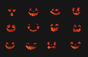 Collection of Halloween cute pumpkins carved faces silhouettes. Orange red 3d glowing emotions. Template with variety of eyes, mouths and noses for cut out jack o lantern. Vector illustration