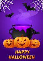 Happy Halloween poster for party. Banner or invitation, withes boiling cauldron with purple slime potion. Liquid poison in pot. Gossamer and bats flying, jack o lantern pumpkins. Autumn vector. vector