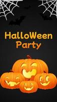 Halloween party black banner, template or invitation background with jack o lantern face cute pumpkins, spiderweb, gossamer and bats. 3d vector illustration realistic pumpkin.