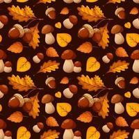 Seamless pattern with porcini mushrooms, acorns and autumn leaves on brown dark background vector