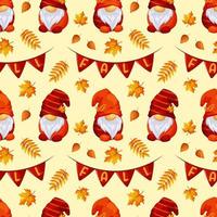 Seamless pattern with autumn Scandinavian gnomes, the inscription fall and autumn leaves on light background for Thanksgiving vector