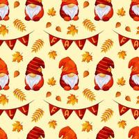 Seamless pattern with autumn Scandinavian gnomes, the inscription fall and autumn leaves on light background for Thanksgiving vector