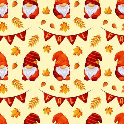 Seamless pattern with autumn Scandinavian gnomes, the inscription fall and autumn leaves on light background for Thanksgiving