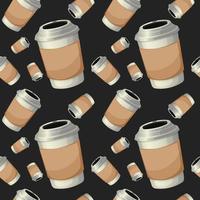 Seamless pattern with white coffee cups on black background vector