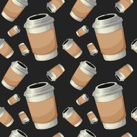 Seamless pattern with white coffee cups on black background vector