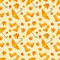 Seamless pattern with rubber boots, umbrella and autumn leaves in yellow on light background vector