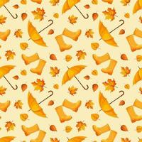 Seamless pattern with rubber boots, umbrella and autumn leaves in yellow on light background vector