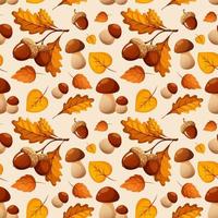 Seamless pattern with porcini mushrooms, acorns and autumn leaves on white light background vector