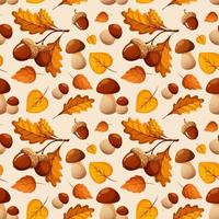 Seamless pattern with porcini mushrooms, acorns and autumn leaves on white light background vector