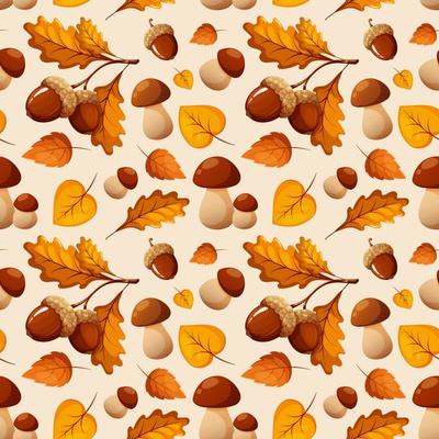 Seamless pattern with porcini mushrooms, acorns and autumn leaves on white light background