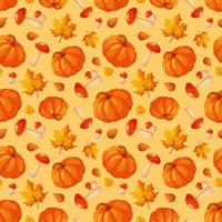 patrón sin costuras con calabaza, champiñones y hojas de otoño sobre fondo amarillo vector