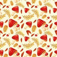 Seamless pattern with fly agarics and yellow branches. Autumn pattern with mushrooms on light background vector