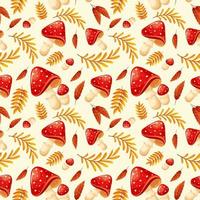 Seamless pattern with fly agarics and yellow branches. Autumn pattern with mushrooms on light background vector