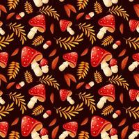 Seamless pattern with fly agarics and yellow branches. Autumn pattern with mushrooms on dark background vector