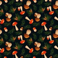 Seamless pattern with pine branches and mushrooms. Forest pattern, mushrooms and needles on dark background vector