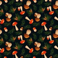 Seamless pattern with pine branches and mushrooms. Forest pattern, mushrooms and needles on dark background vector