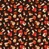 Seamless pattern with autumn mushrooms. Fly agaric, white mushroom, aspen on dark background vector