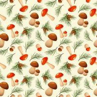 Seamless pattern with pine branches and mushrooms. Forest pattern, mushrooms and needles on light background vector