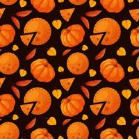 Seamless pattern with pumpkin pie, pumpkin and autumn leaves on brown dark background vector