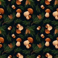 Seamless pattern with pine branches and porcini mushrooms. Forest pattern, mushrooms and needles on dark background vector