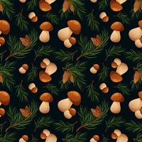 Seamless pattern with pine branches and porcini mushrooms. Forest pattern, mushrooms and needles on dark background vector