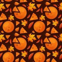 patrón sin costuras con pastel de calabaza, trozo de pastel y hojas de otoño sobre fondo oscuro