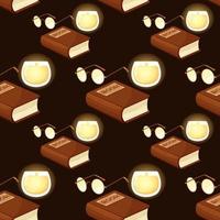 Seamless pattern with glasses, book and burning candles on dark brown background. Book day, book time vector