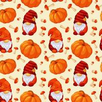 Seamless pattern with autumn Scandinavian gnomes, pumpkin and mushrooms on light background vector