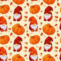 Seamless pattern with autumn Scandinavian gnomes, pumpkin and mushrooms on light background vector