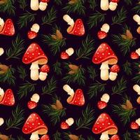 Seamless pattern with pine branches and fly agarics. Forest pattern, fly agarics and needles on dark background vector