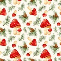 Seamless pattern with pine branches and fly agarics. Forest pattern, fly agarics and needles on light background vector