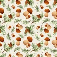 Seamless pattern with pine branches and porcini mushrooms. Forest pattern, mushrooms and needles on light background vector